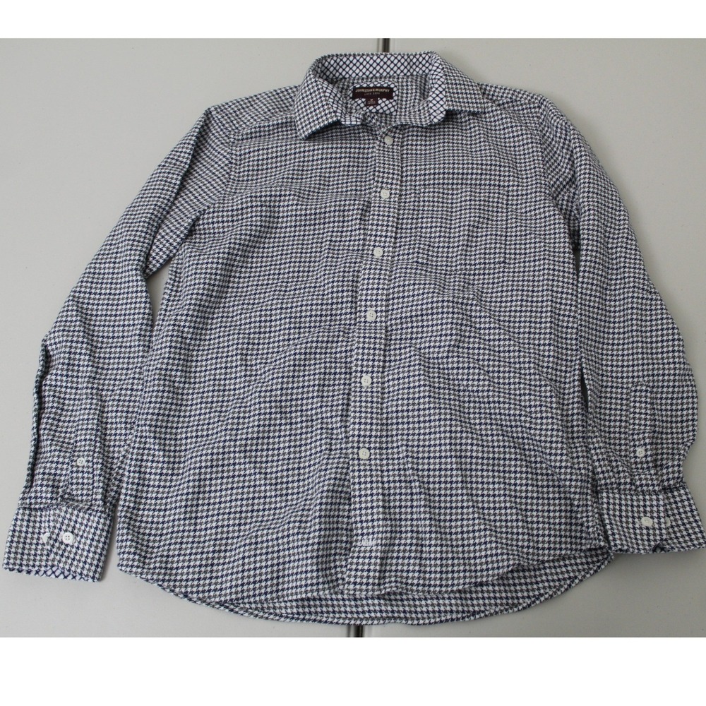 Johnston & Murphy Mens Medium Button Down Shirt Navy Blue White Houndstooth LS